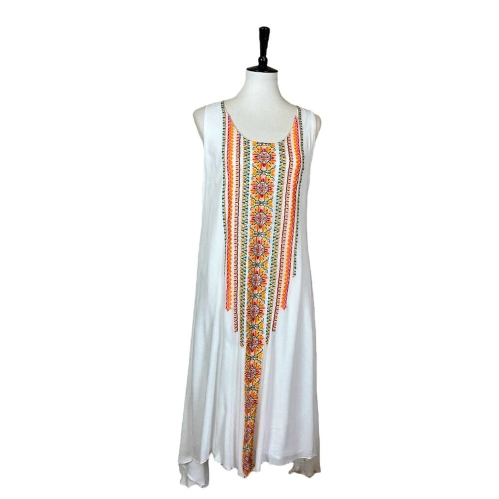 Chico’s Size 1 Midi Boho Dress Embroidered White Pink Orange Multi Women’s Small